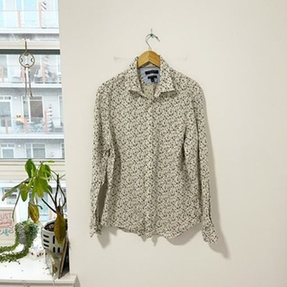 Banana Republic Blue Floral Print Button Up Camden Fit Linen Top Size Large - Picture 1 of 5